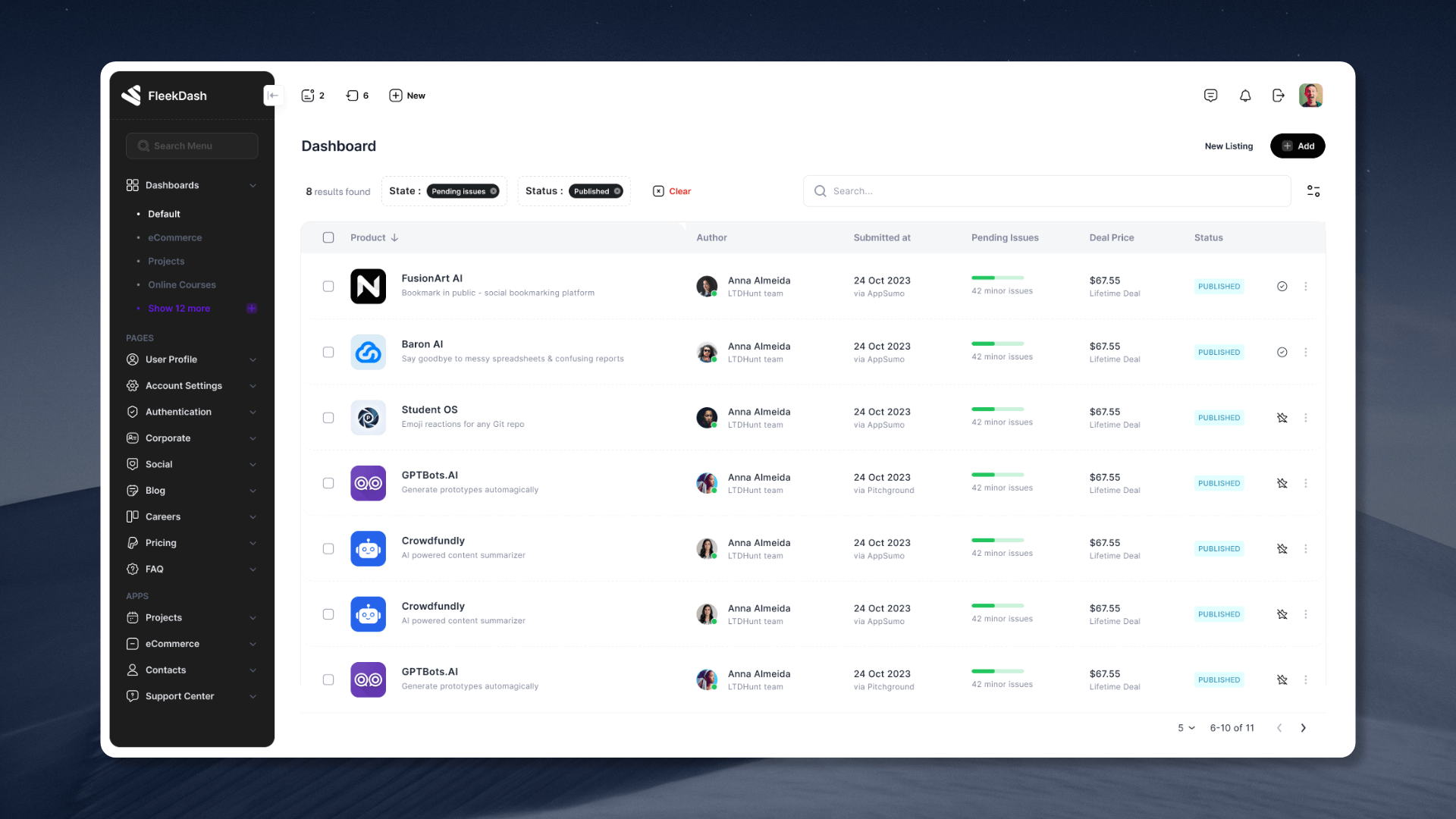 FleekDash Dark Sidebar