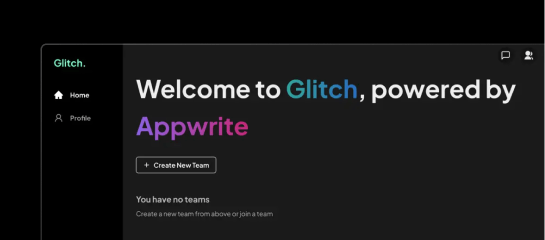 A screenshot of the Glitch dashboard. There's a sidebar, and a headline that reads: "Welcome to Glitch, powered by FleekDash"